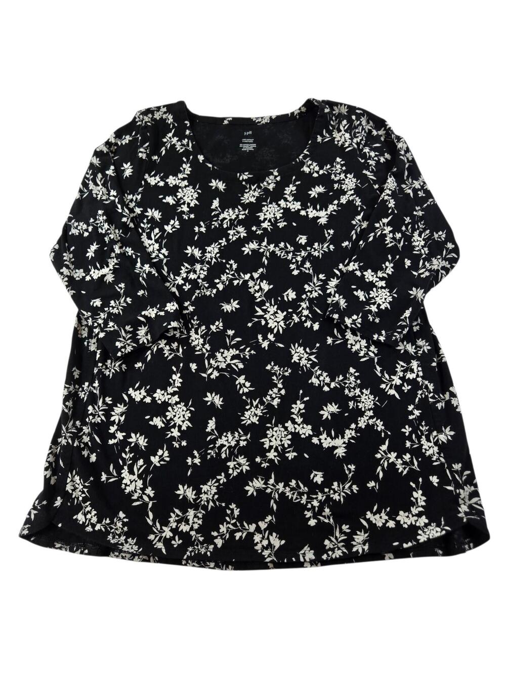 J. Jill Womens Medium Luxe Supima A-Line Tunic Top Black White Floral 3/4 Sleeve